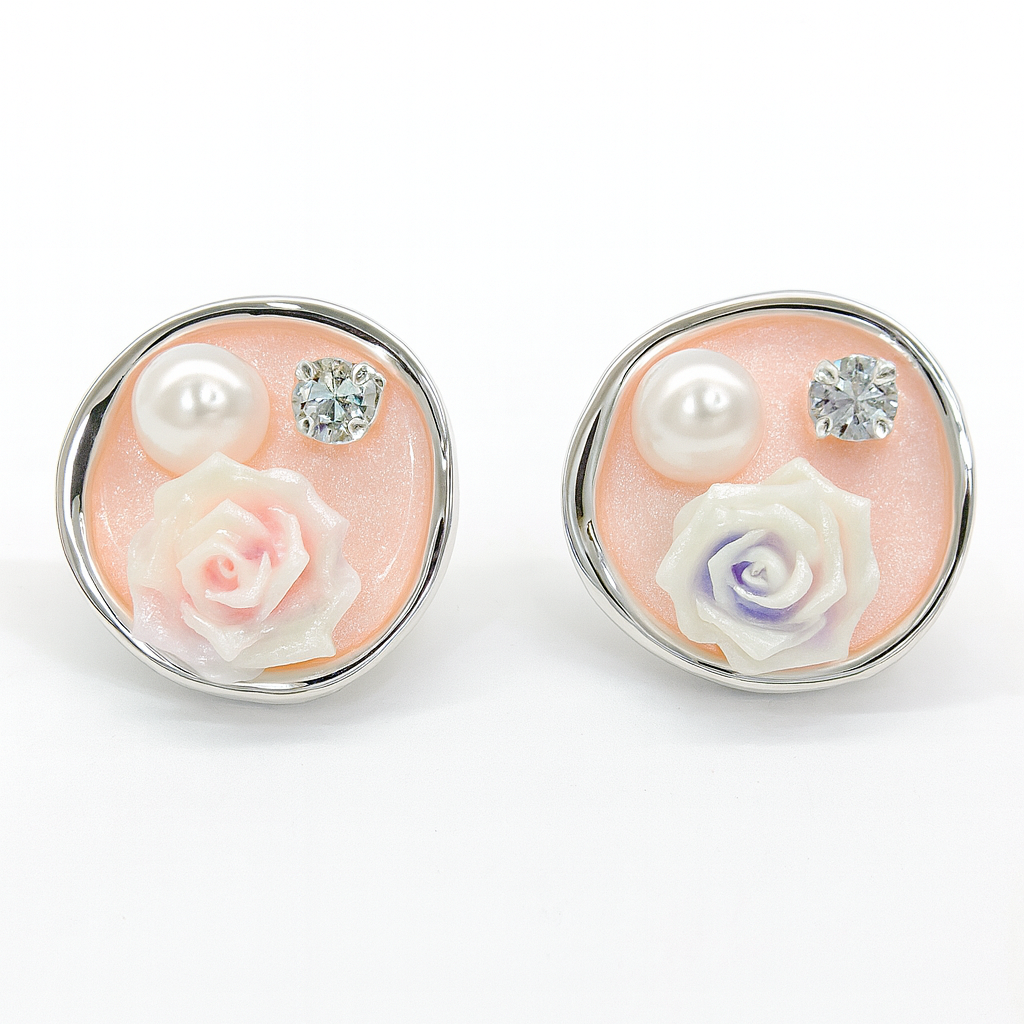 Fancy flower platter with pearl & diamonds stud earring