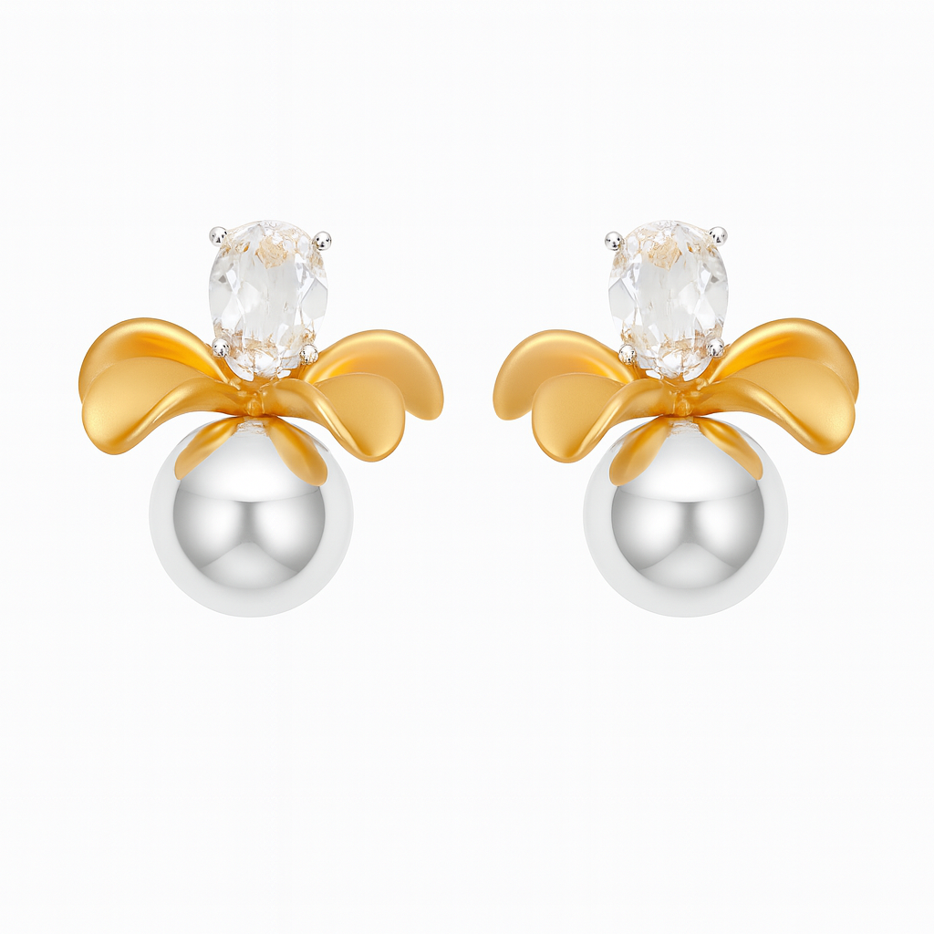 Trendy gold flower with silver drop stud earring