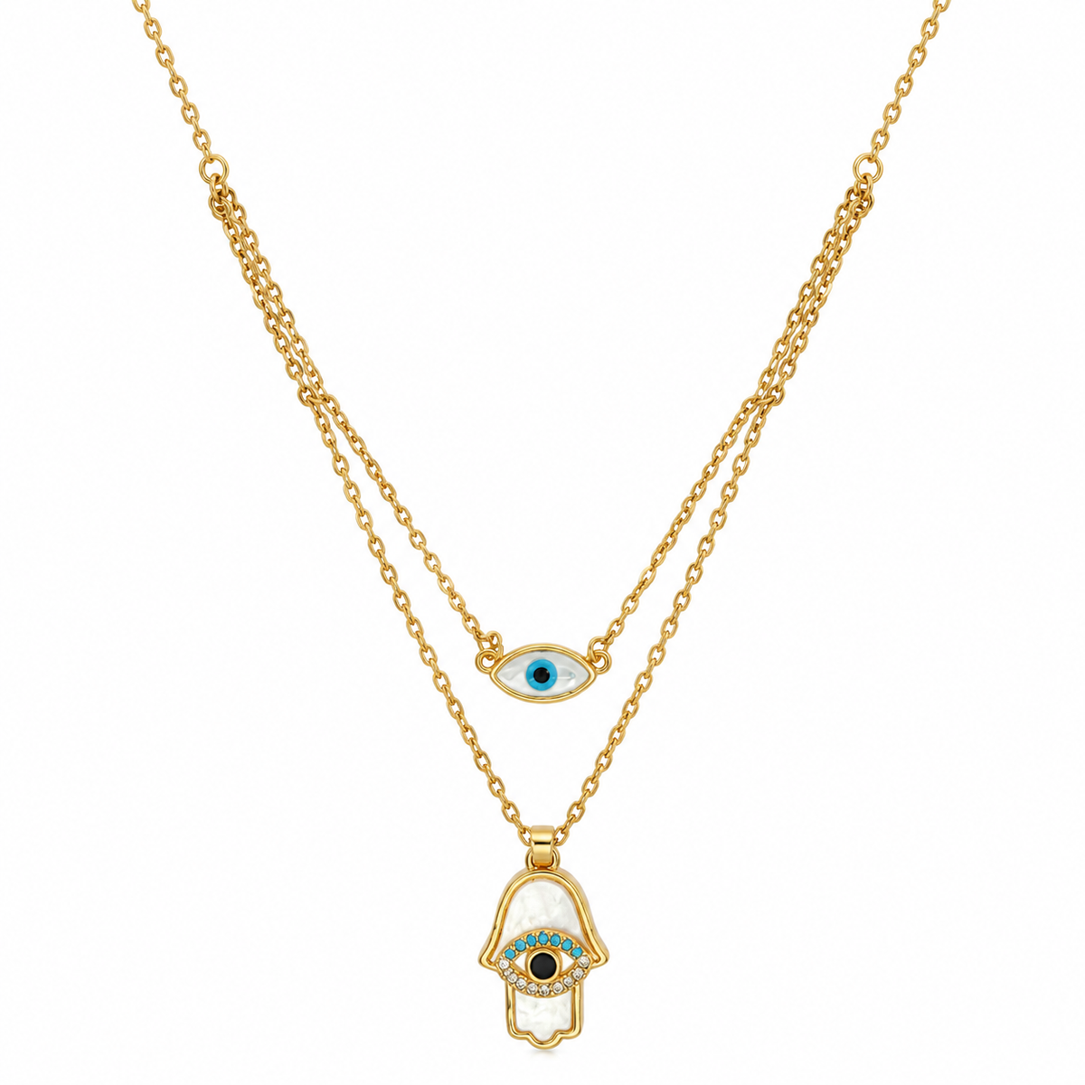 Gold Evil Eye & Hamsa Double-Layer Necklace