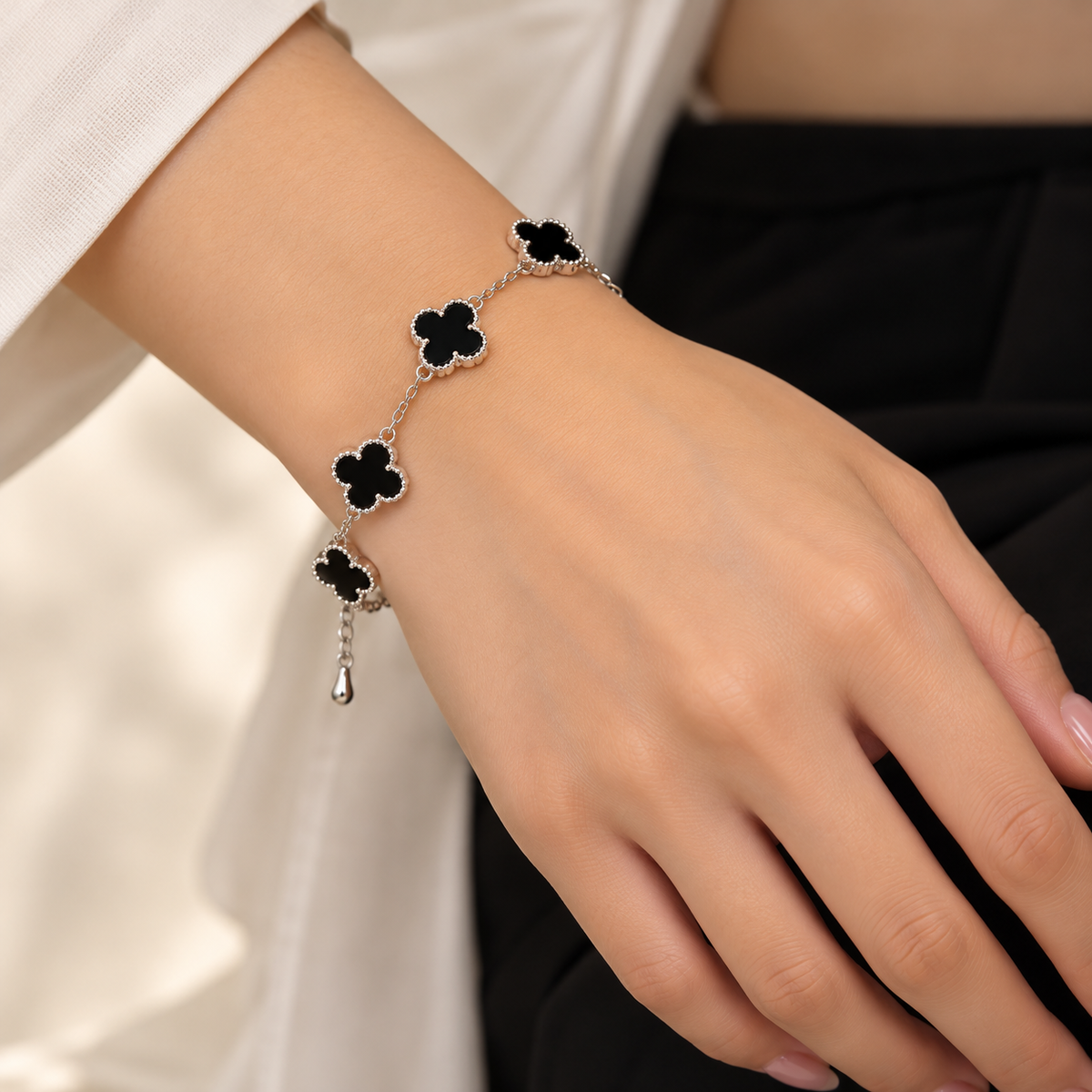 Silver Black Clover Charm Bracelet