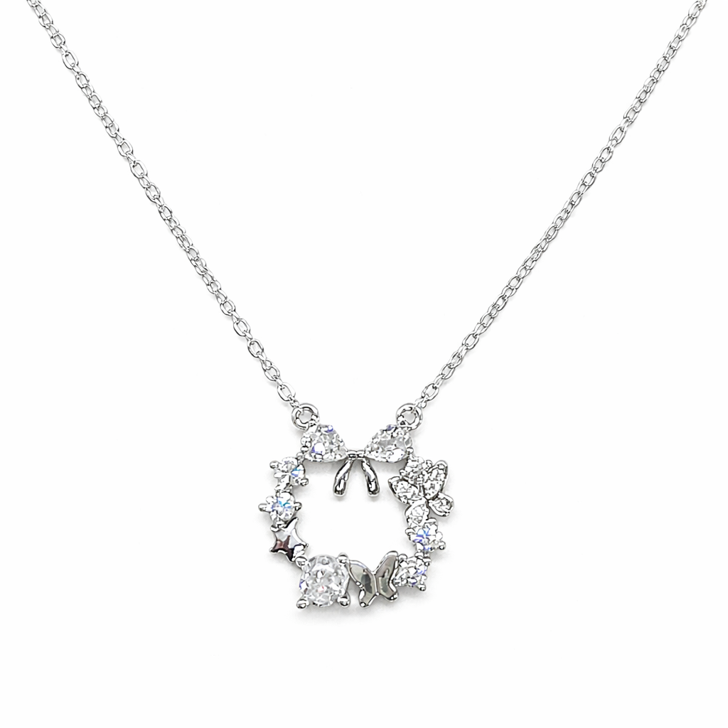 Charming Bow & Butterfly Pedant Silver Necklace For Women