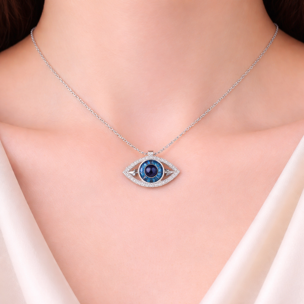 Chunky Evil Eye Pedant Silver Necklace For Women