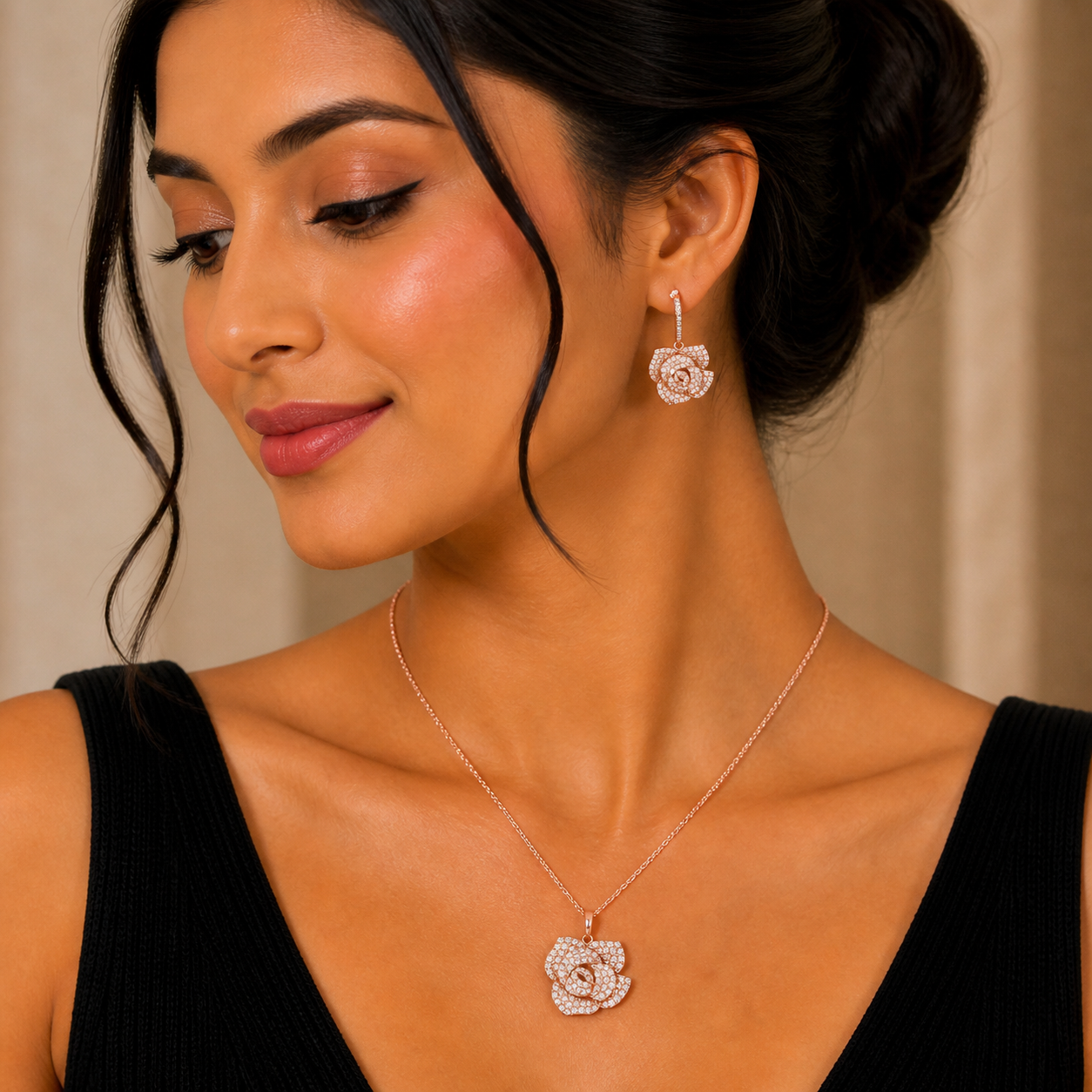 Charming Rose Pedant Rose Gold Plated Chain Necklace Set