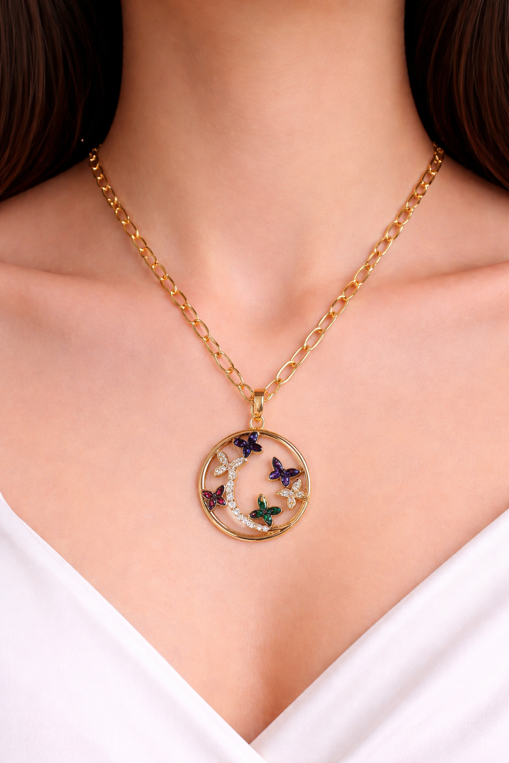 Golden Round Small Multi Butterfly Pendant Chain