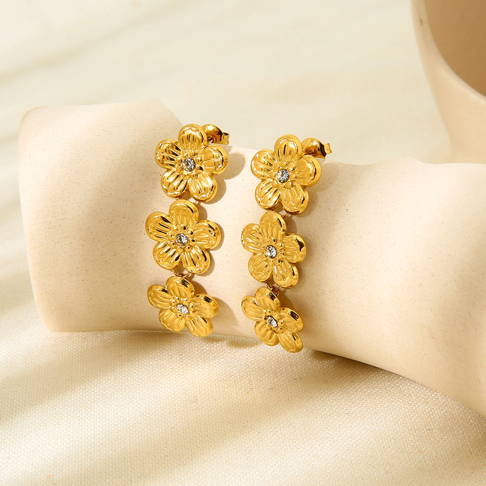 Gold Plated Three Layers Of Flower Style Earring