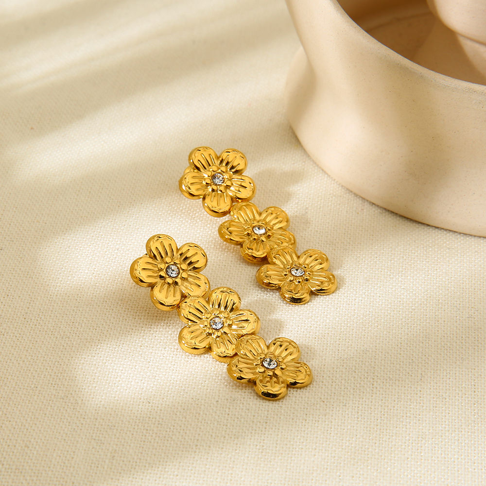 Gold Plated Three Layers Of Flower Style Earring