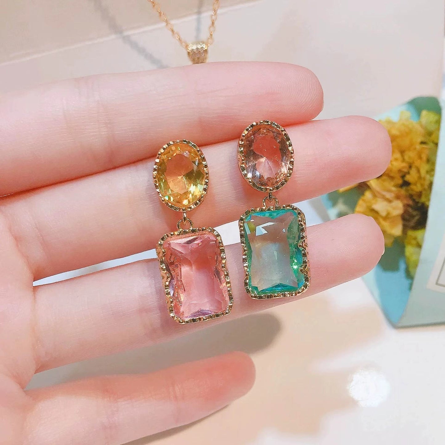 Trendy Gemotric Shape Multi Gemstone Dangle Earring
