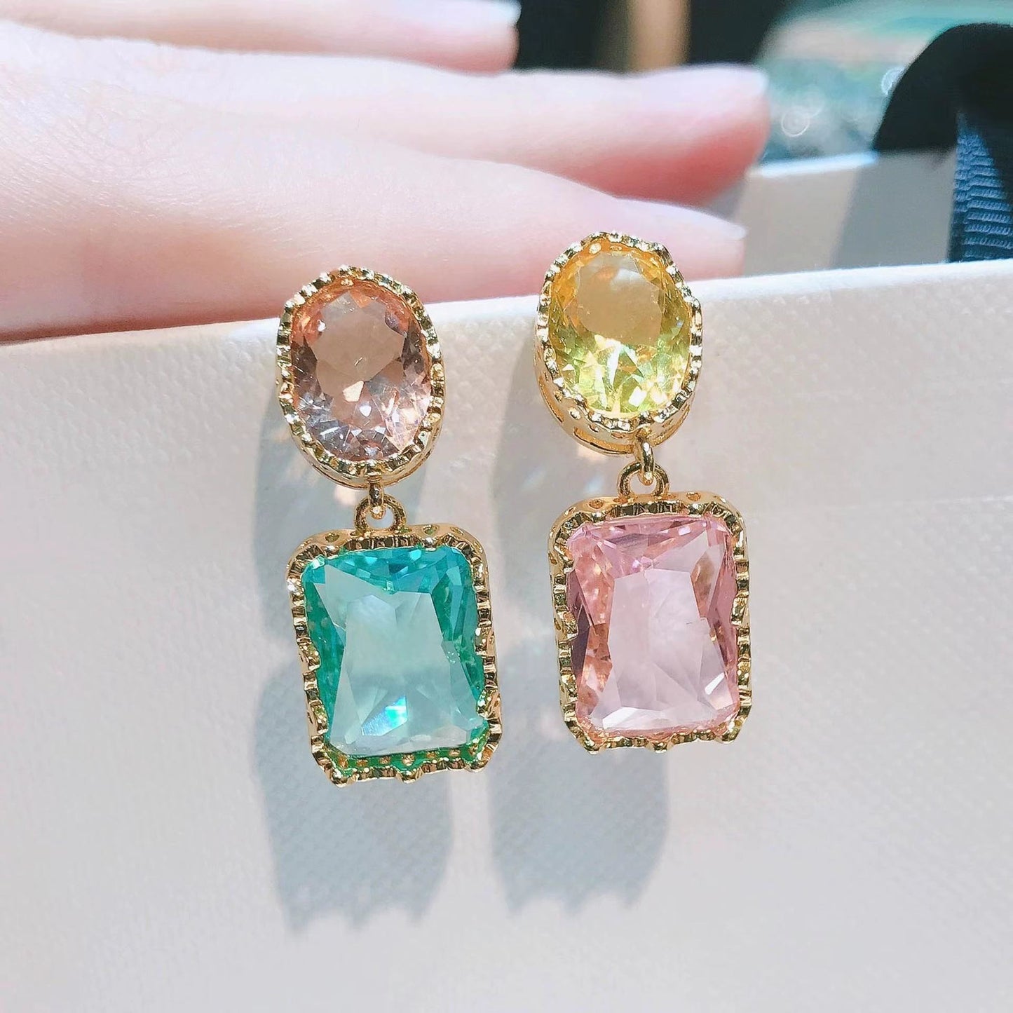 Trendy Gemotric Shape Multi Gemstone Dangle Earring