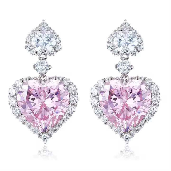 Silver Plated Heart Shape Pink Cubic Diamonds Drop Earrings