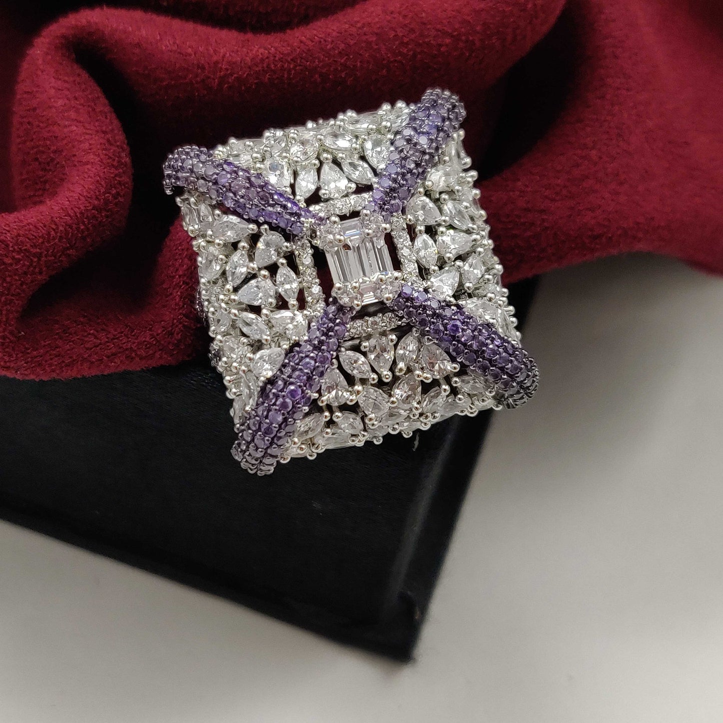 Square shape zicronia crystal with purple shade crystal ring for girls
