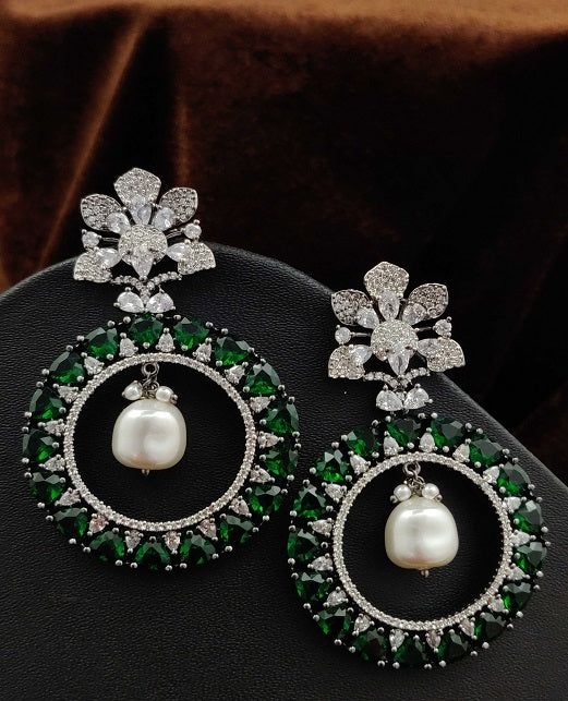 Luxury round Emerald Green Cubic Zircon Crystal Long Drop Silver Plated Bridal wedding earring