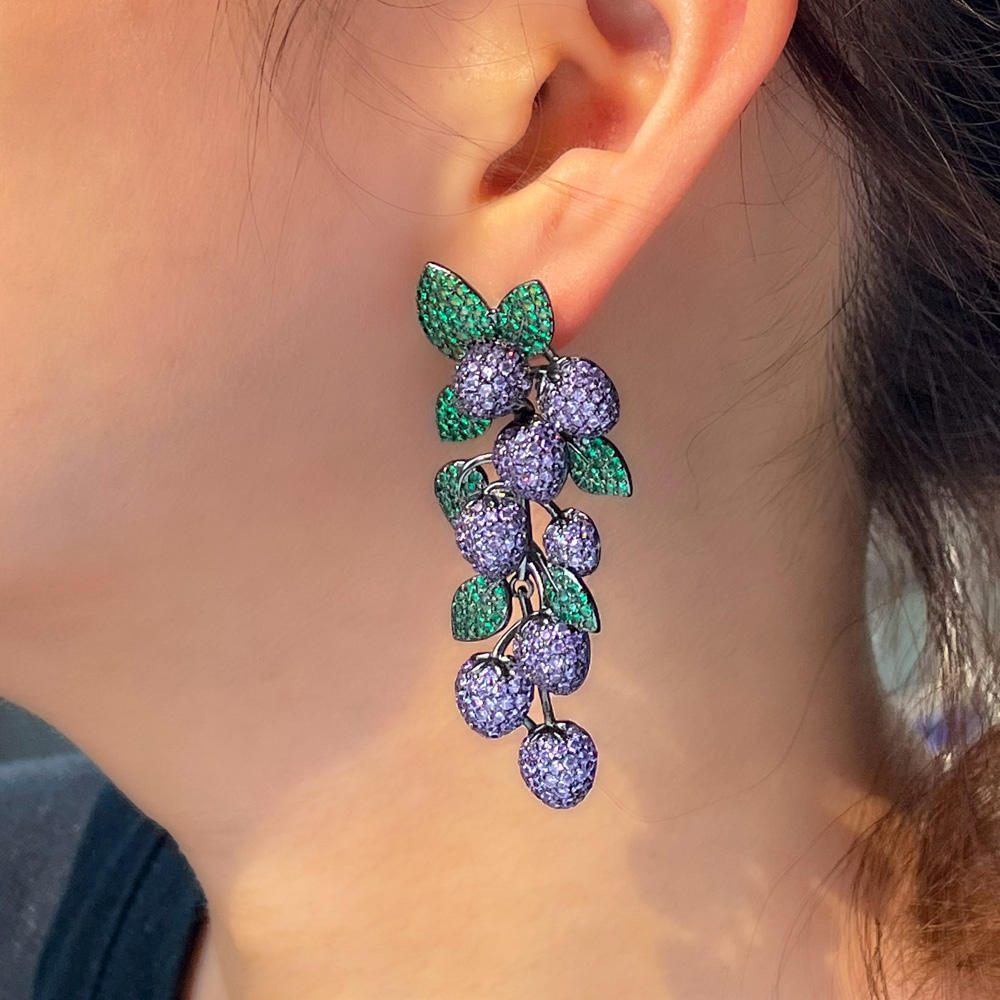 micro pave cubic zirconia purple green grape cluster dangling drop earring