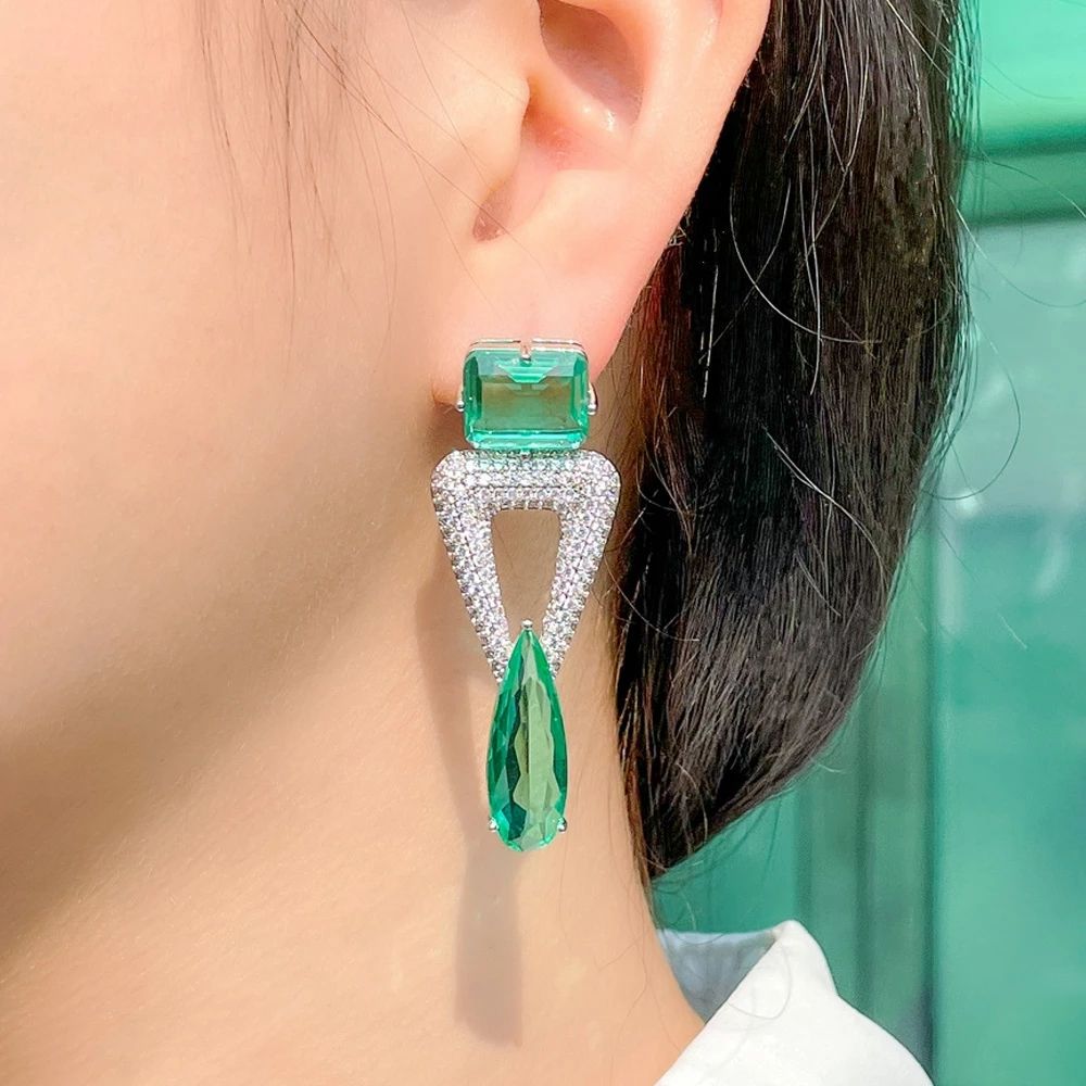 new trendy triangle dangling green water drop blue crystal earring for girls