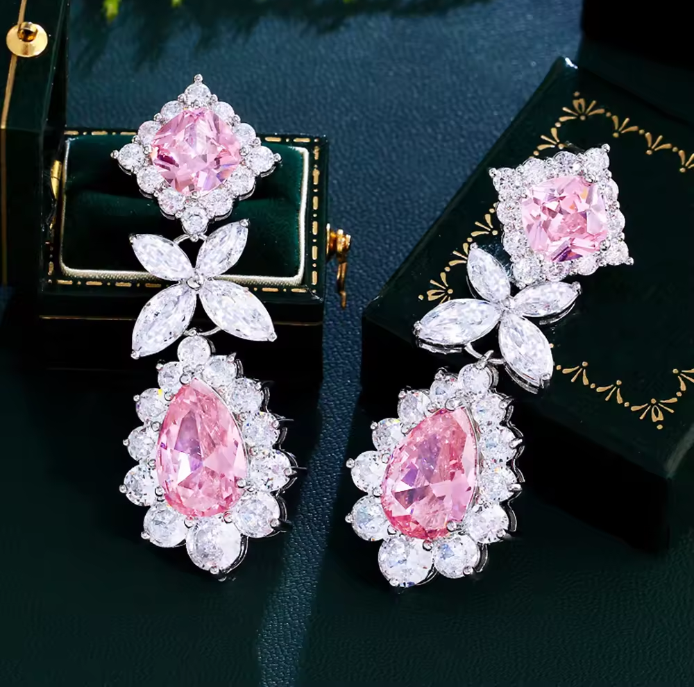 Shiny Pink Water Drop Cubic Zirconia Long Dangling Leaf Earrings