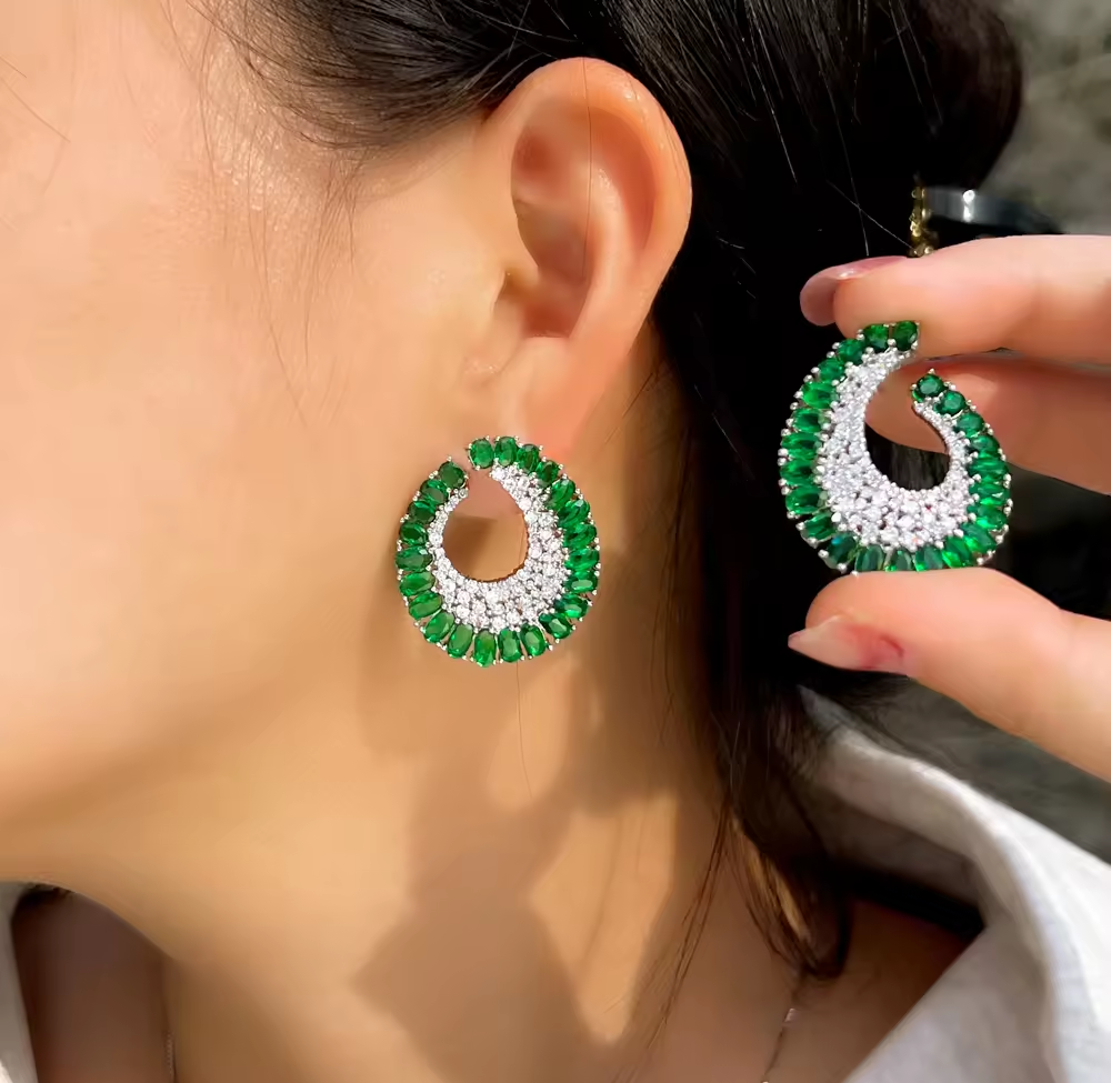 Emerald and white Diamond dangle earrings for women