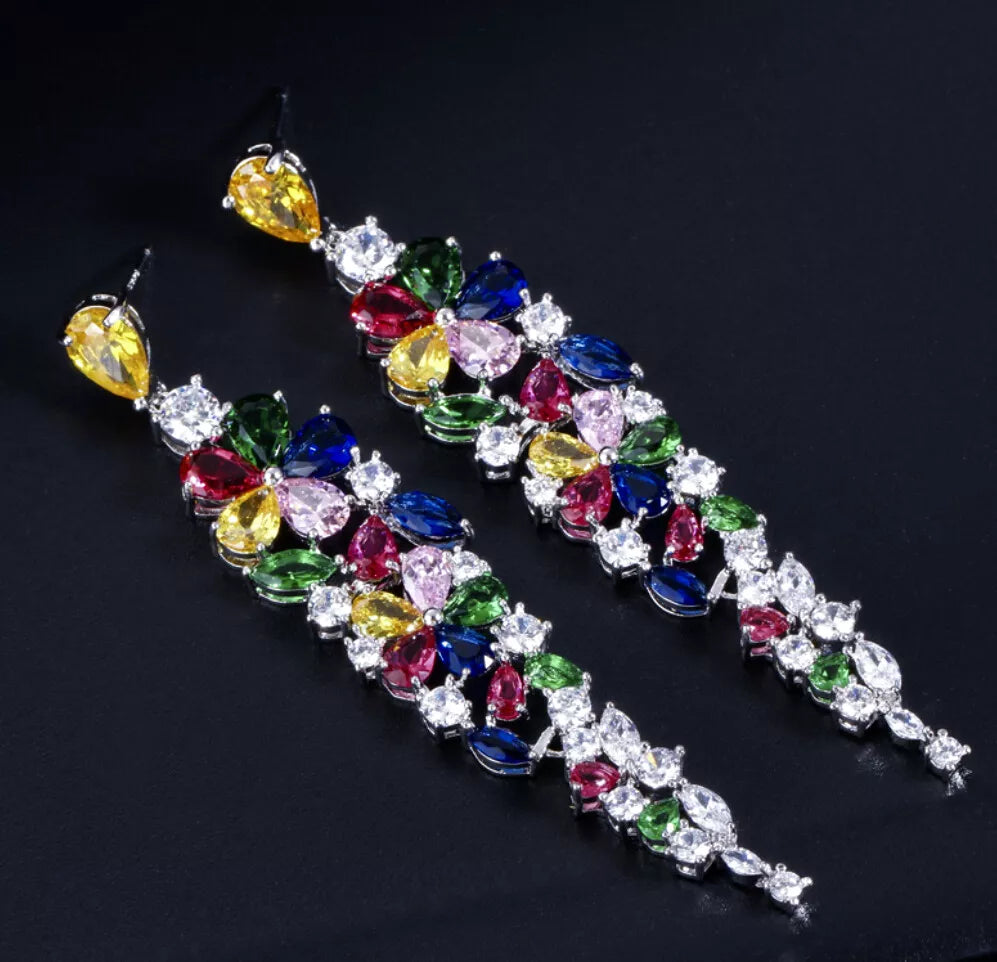 Fashionable colorful crystal long tassel earring for women