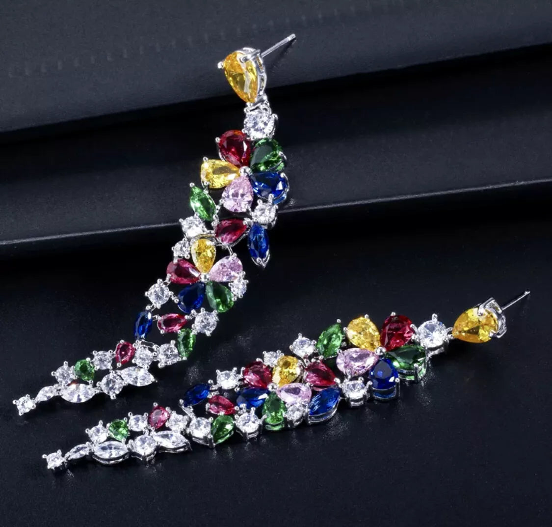 Fashionable colorful crystal long tassel earring for women
