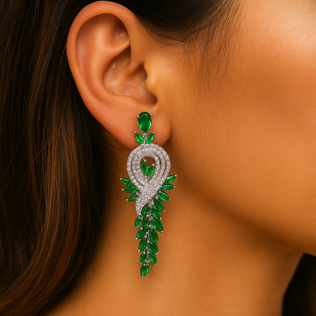 Fancy green crystal rhinestone long drop earring for women