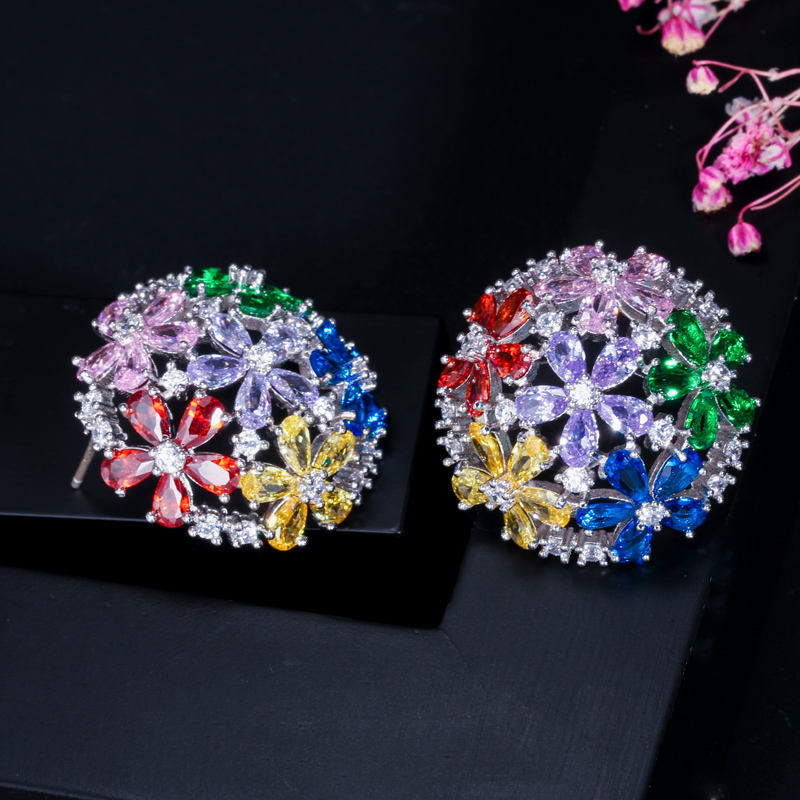 Silver Plated CZ Zirconia Multi Color Cluster Flowers Stud Earrings for Women