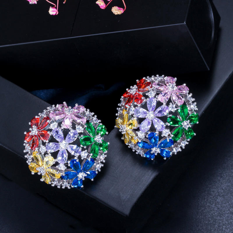 Silver Plated CZ Zirconia Multi Color Cluster Flowers Stud Earrings for Women