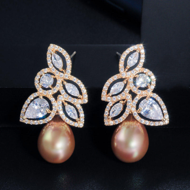Gold plated cubic zirconia leaf drop style with gold pearl stud earring for girls