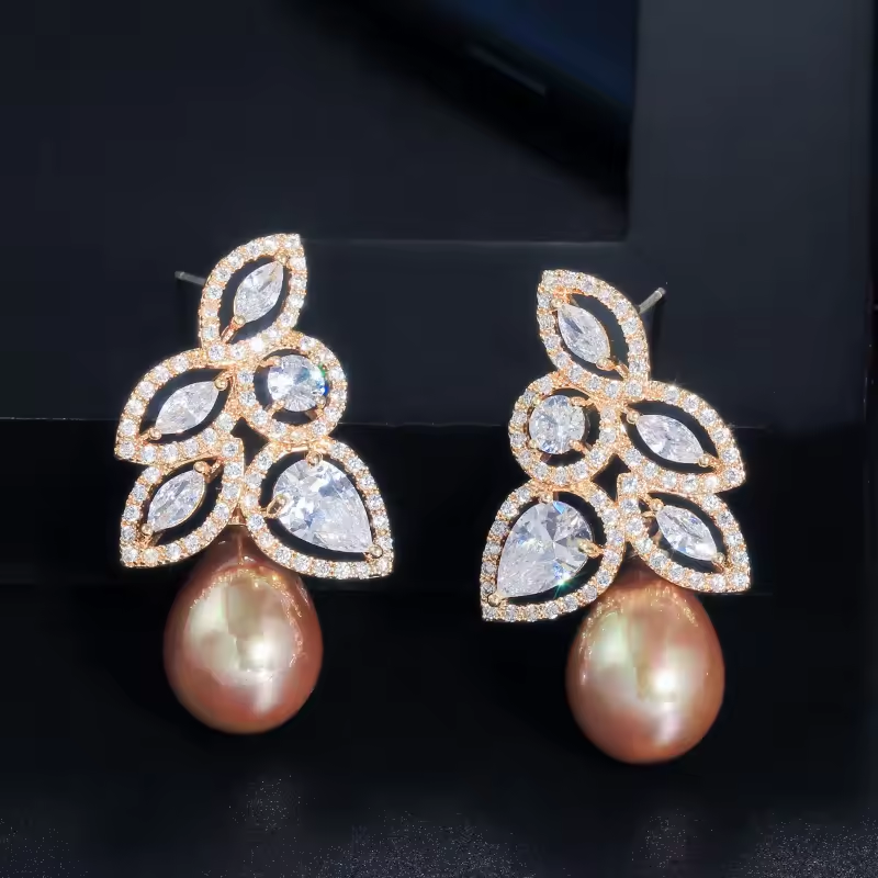 Vintage Flower Leaf Quality Sparkling Cubic Zirconia Gold Filled Dangle