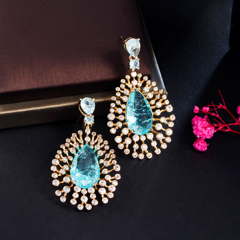 Light blue water drop broken iced cubic zircon diamonds drop dangle earring