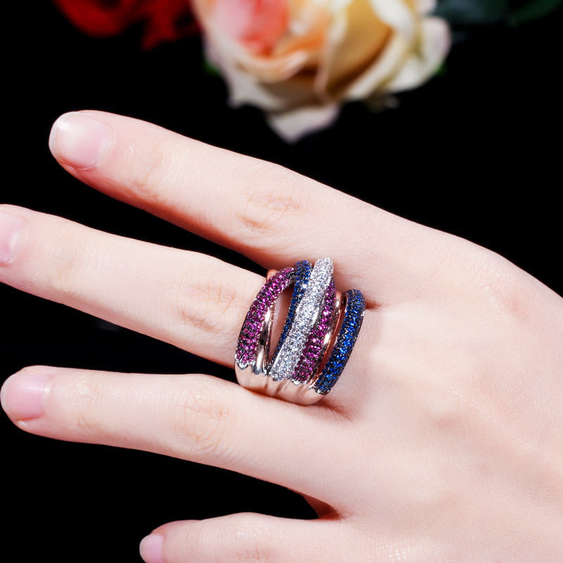 Stylish multi layer cubic zirconia micro diamonds finger ring for women