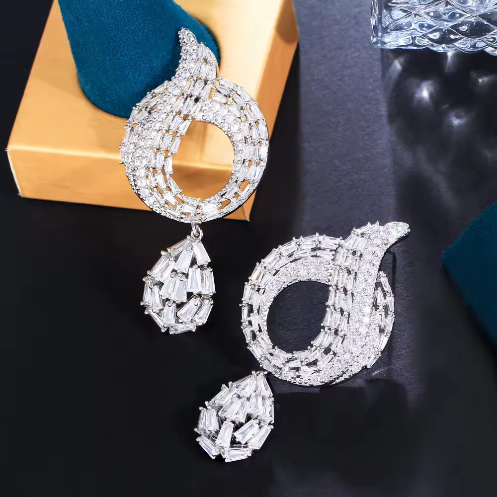African Cubic Zirconia Pave Big Long Drop Dangle Earring