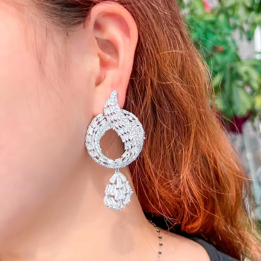African Cubic Zirconia Pave Big Long Drop Dangle Earring