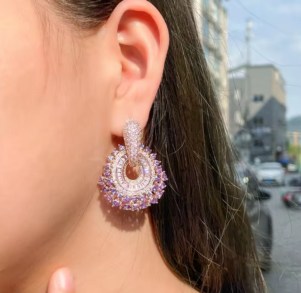 Purple Pink Cubic Zirconia Pave Dangle Earrings