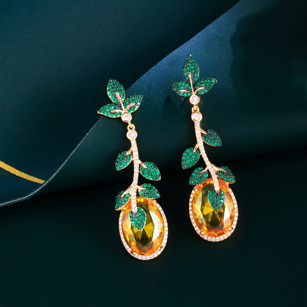 Fashionable green cubic zirconia leaf pendant large yellow crystal long dangle earring for girls