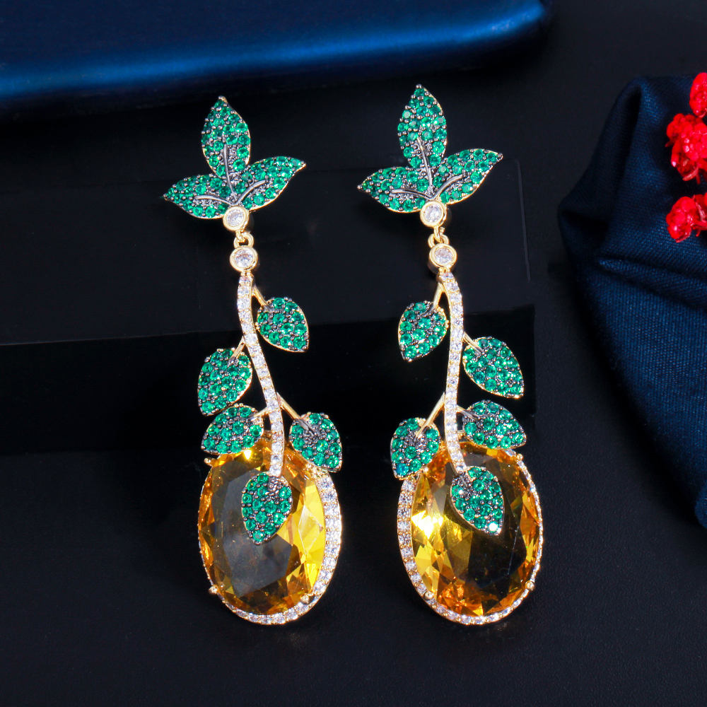 Fashionable green cubic zirconia leaf pendant large yellow crystal long dangle earring for girls