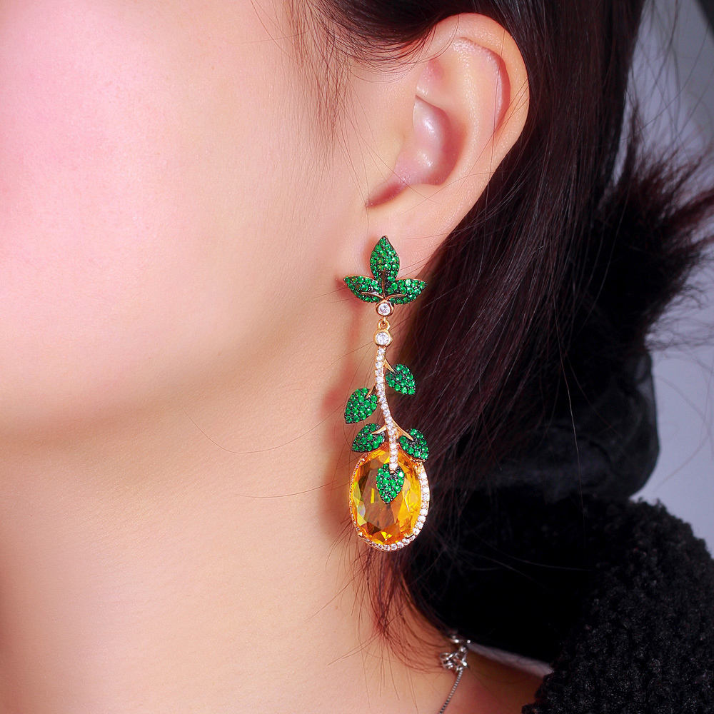 Fashionable green cubic zirconia leaf pendant large yellow crystal long dangle earring for girls