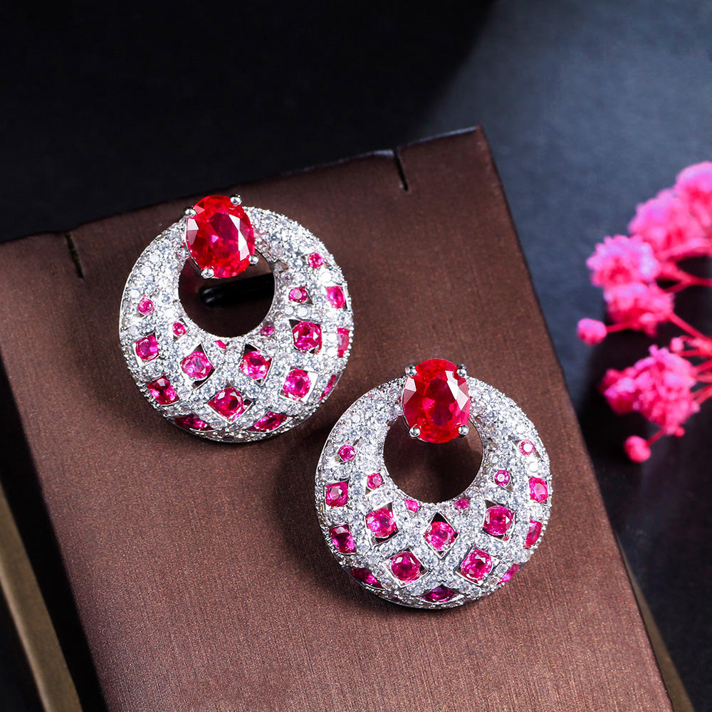 Shiny round shape micro pave cubic zirconia with red stone dangle earring for girls