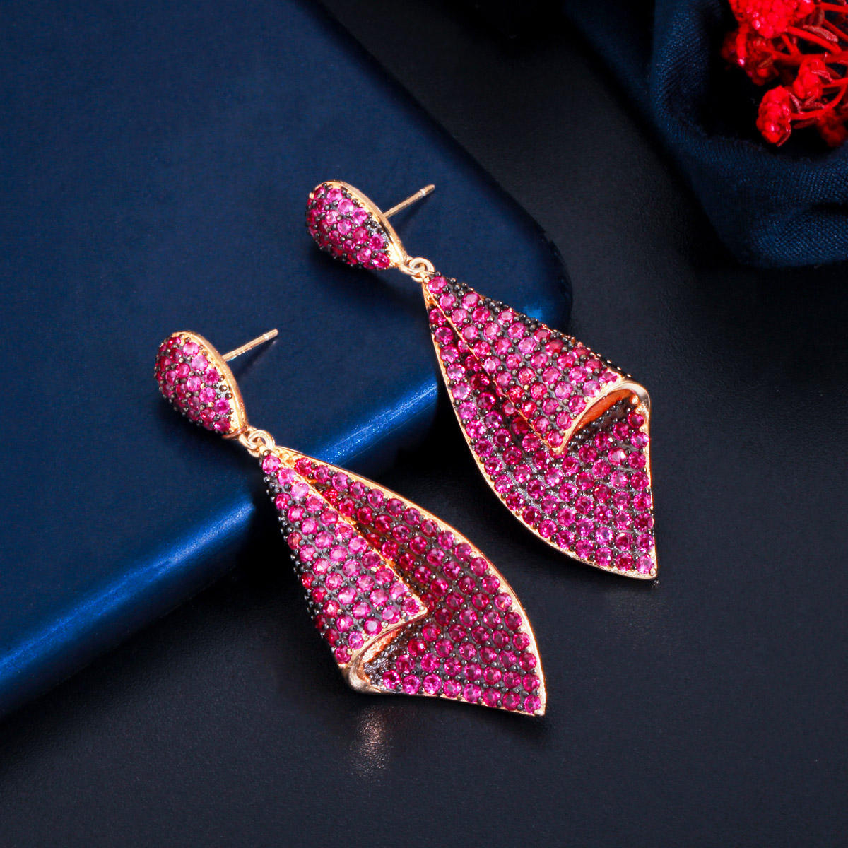 Gold plated micro pave red cubic zirconia dangle drop earring for women