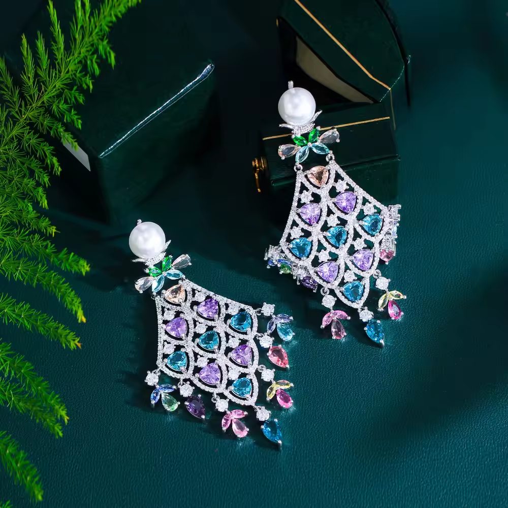 Chunky Cubic Zirconia Pave Multicolor Large Long Chandelier Drop Dangle Earrings