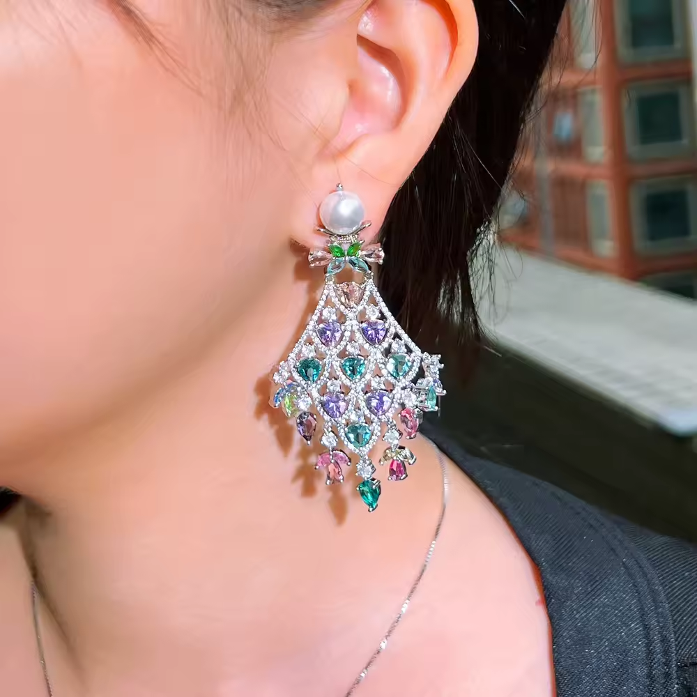 Chunky Cubic Zirconia Pave Multicolor Large Long Chandelier Drop Dangle Earrings