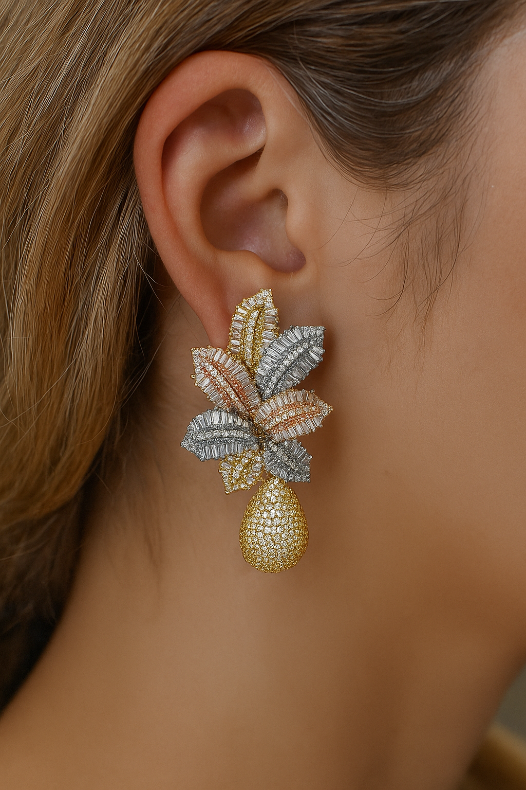 3 Tone Gold Plated Leaf Drop Flower Micro Cubic Zirconia earring