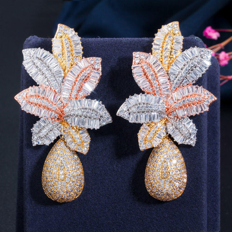 3 Tone Gold Plated Leaf Drop Flower Micro Cubic Zirconia earring