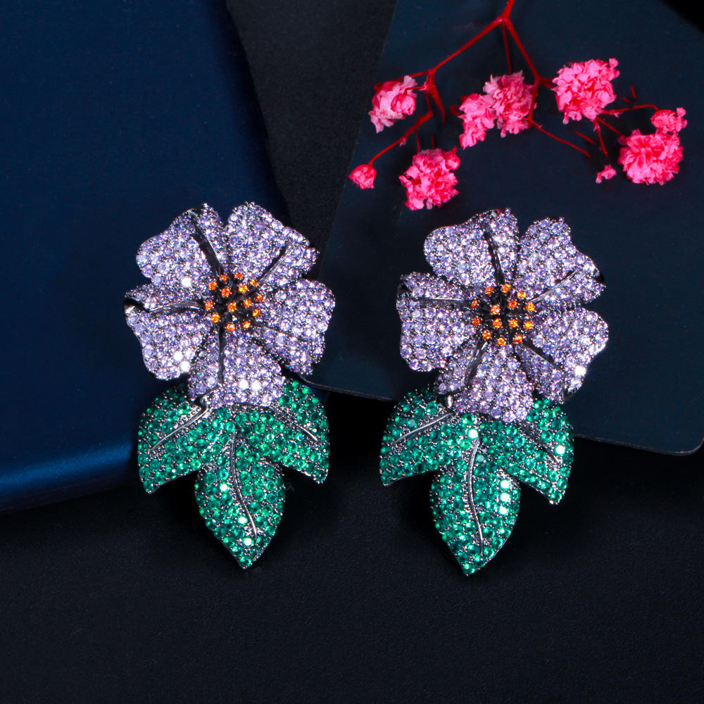 Purple green cubic zirconia leaf flower big drop earring for women