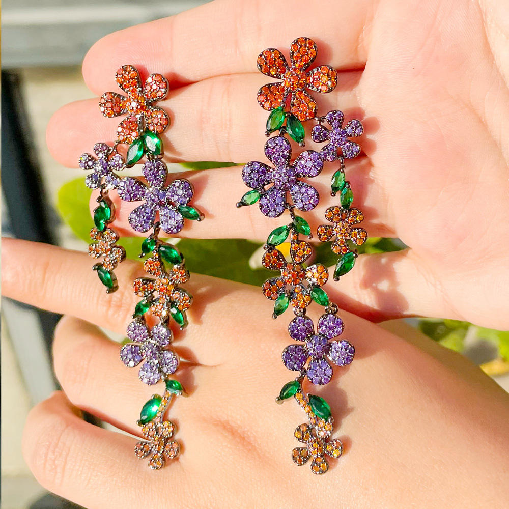 Multicolour cubic zircon flower cluster extra long drop earring for girls