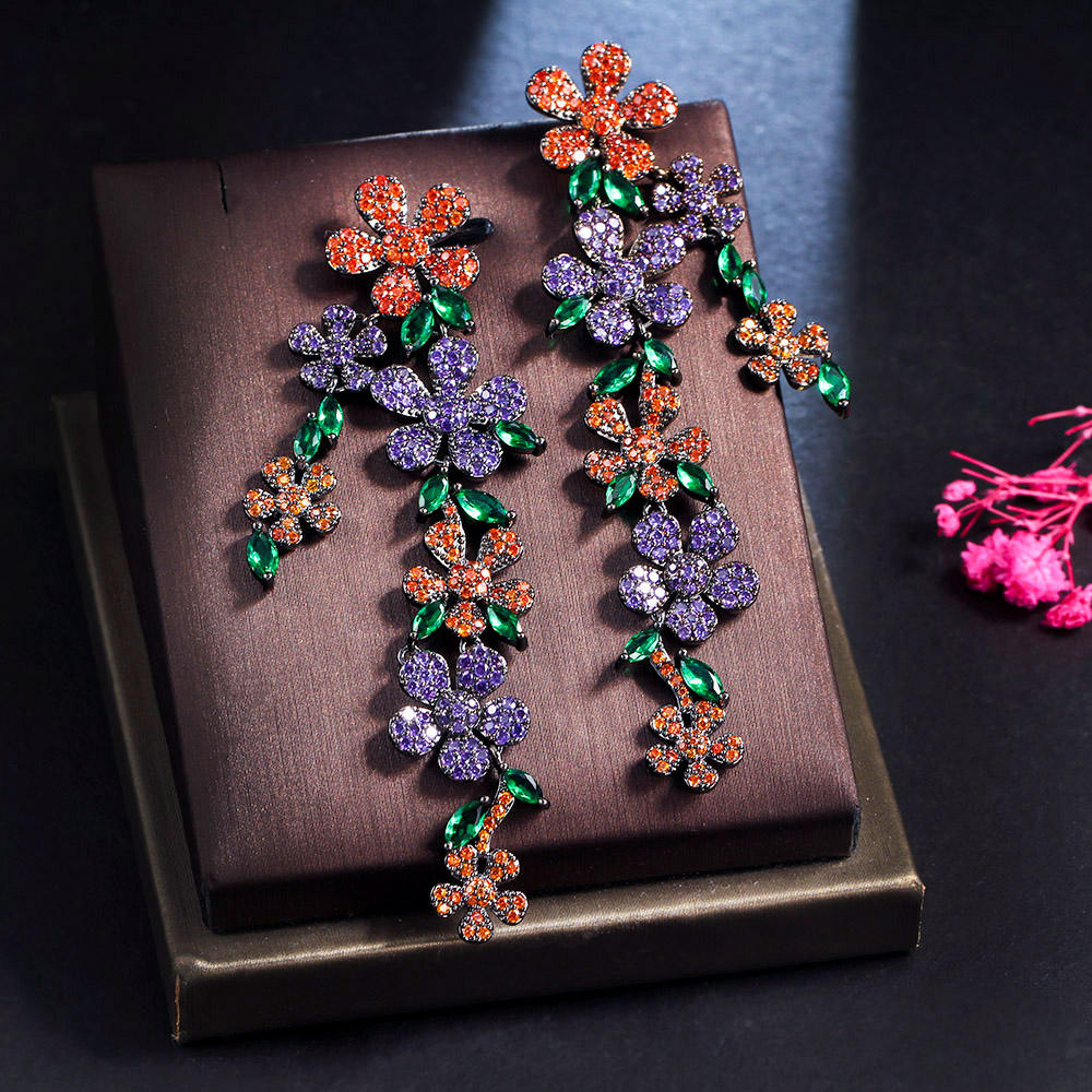 Multicolour cubic zircon flower cluster extra long drop earring for girls