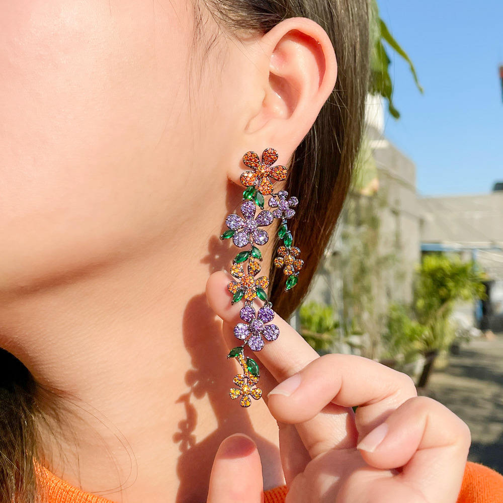 Multicolour cubic zircon flower cluster extra long drop earring for girls
