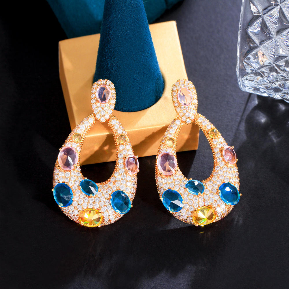 Multi colour zirconia large shining water drop long dangle earring for women