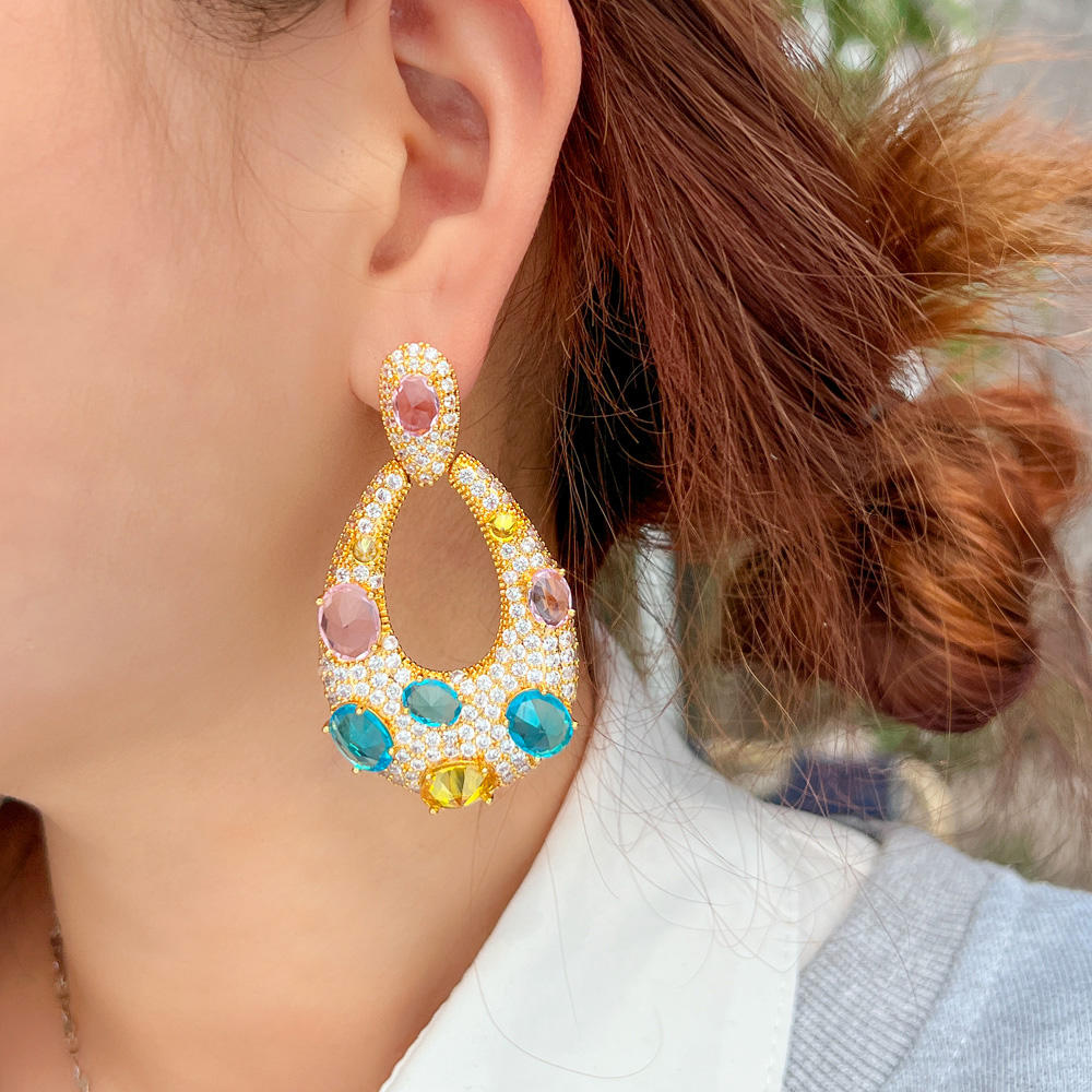 Multi colour zirconia large shining water drop long dangle earring for women