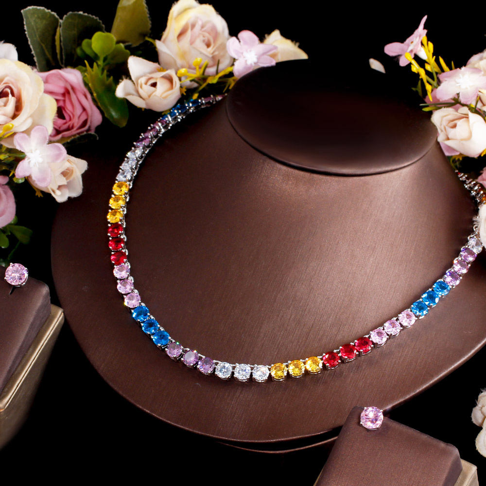 Classy rainbow colour cubic diamonds tennis chain necklace set for girls