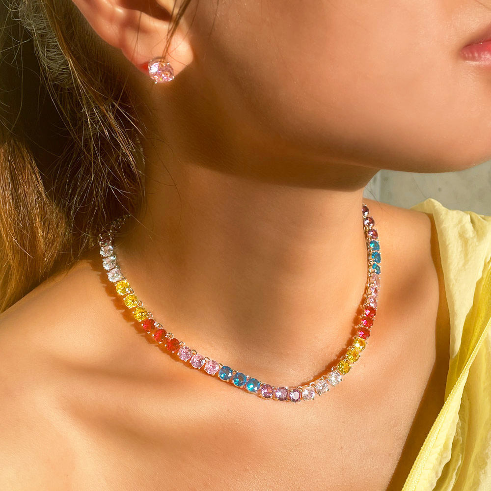 Classy rainbow colour cubic diamonds tennis chain necklace set for girls