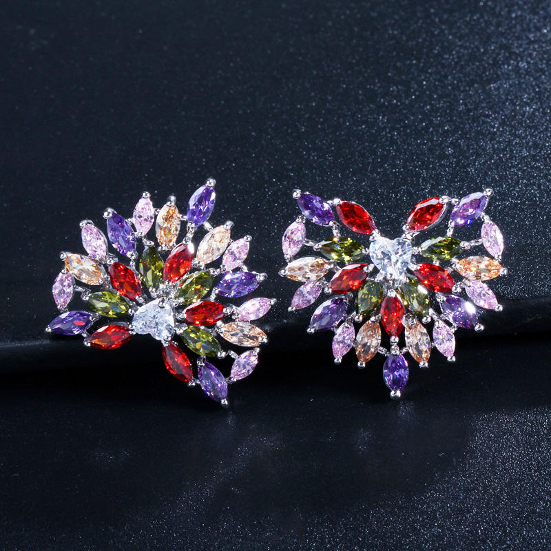 Silver plated multi colour cubic stone big heart shape stud earring for women