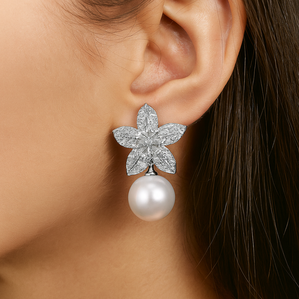 American diamonds micro pave flower shape with pearl stud earring for women